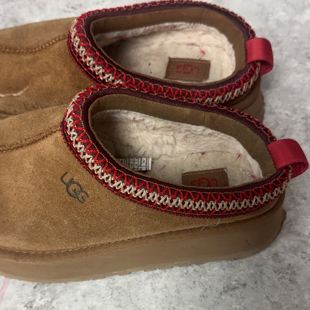 UGG Brown Suede Slip-Ons with Red Accents - Picture 6 of 8